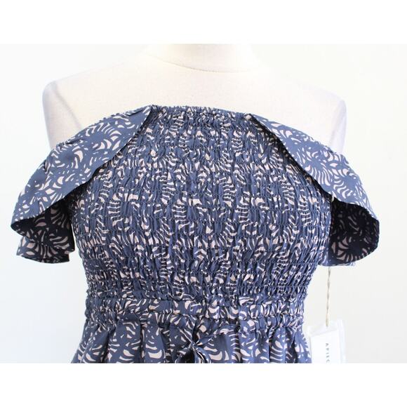 NWT Apiece Apart Lamu Blue Silk Smocked Ruffle Off the Shoulder Midi Dress Sz 2 - Picture 4 of 7
